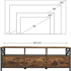 VASAGLE Industrial Adjustable Angle Brown Rectangle Top Black Steel Metal Frame Low Entertainment Centers-TV Stands/ 3 Drawers/ 4 Adjustable Feet/Holds TV Up To 65 Inch/ X-Shaped Struts/ Size: 147 L x 40 W x 50 H cm