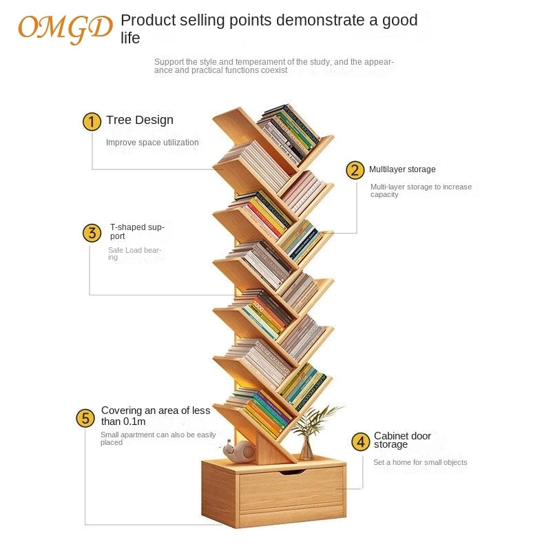OMGD Modern Brown Wood-Panels One Drawer Box Base Free-Standing Living Room Small Tree-Like Shelves-Ladder Bookcases/Colors-Blue/Brown/White