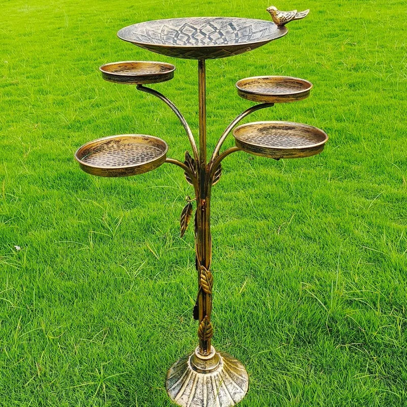 KIQUNE Outdoor Garden Deco Free-Standing Five-In One Antique Bronze Cast Iron Metal Trays-Small Round One Bird-Floral Leaves Base Bird Baths/Colors-Bronze/Gold/Geometric/Floral