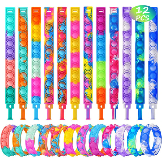 12 PCS Set Plastic Silicone Multicolor Bubble Push-To-Pop Fidget Stress Reliever Bracelets/Ages: 13-18 + Years Older