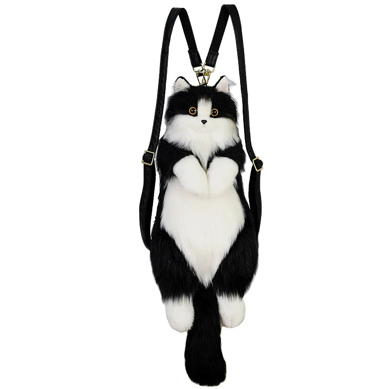 No-EN-Name-Null  Unisex Lightweight Softback Cute Soft Plush Black-White Cat Ragdoll Shaped Design Metal Zippers Polyester Lining Cotton Fabric Two Adjustable Shoulder Straps-Handle School Backpacks/Adjustable Sizes