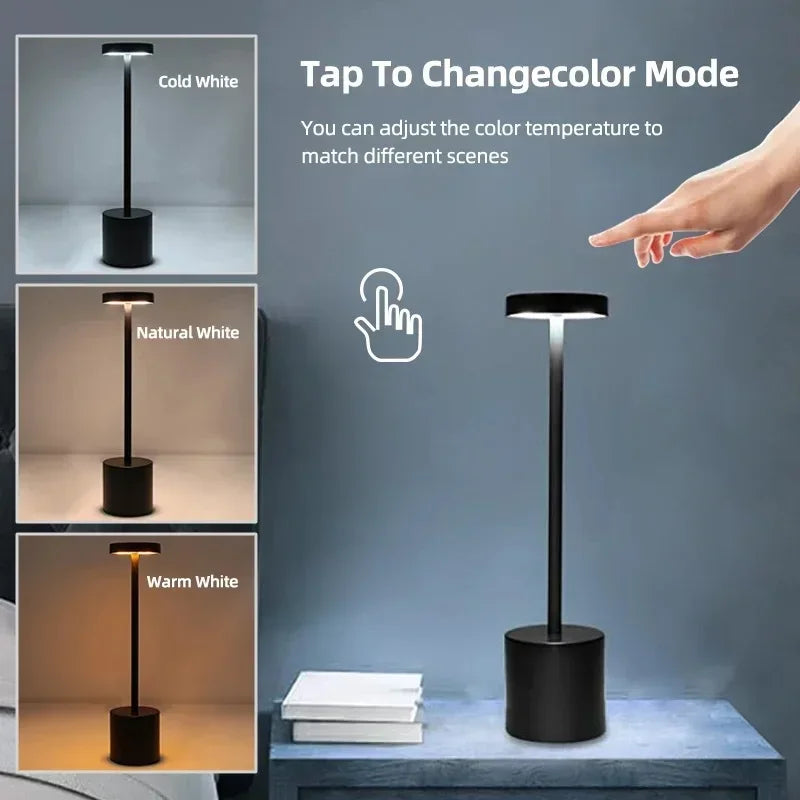 ATCOMM Modern Touch Sensor Dimmable Adjustable Tri-Color Warm-Cool White LED Chip Black Round Iron Acrylic Metal Brushed Nickel Finish Body Built-In Rechargeable Battery USB Rechargeable Wireless Cord Desk Lamps/Colors-Black/Gold/Silver/White