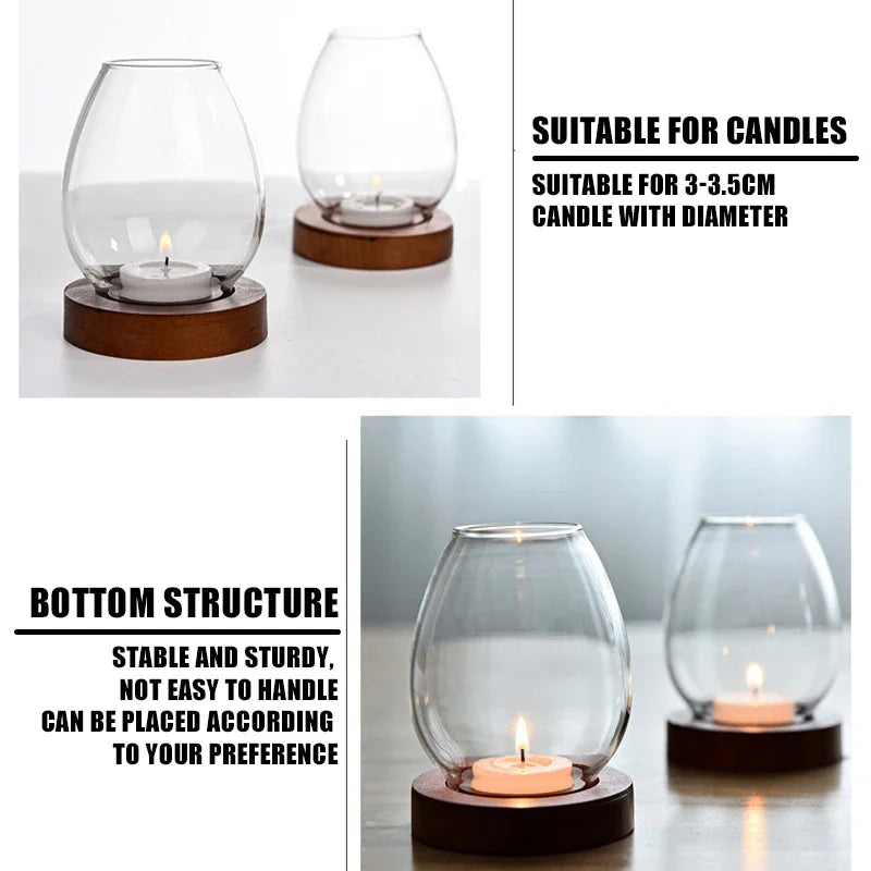 No-EN-Name-Null Modern Windproof Round Clear Transparent Glass Shades Round Brown-Black Wood Base Tealight Candle Holders