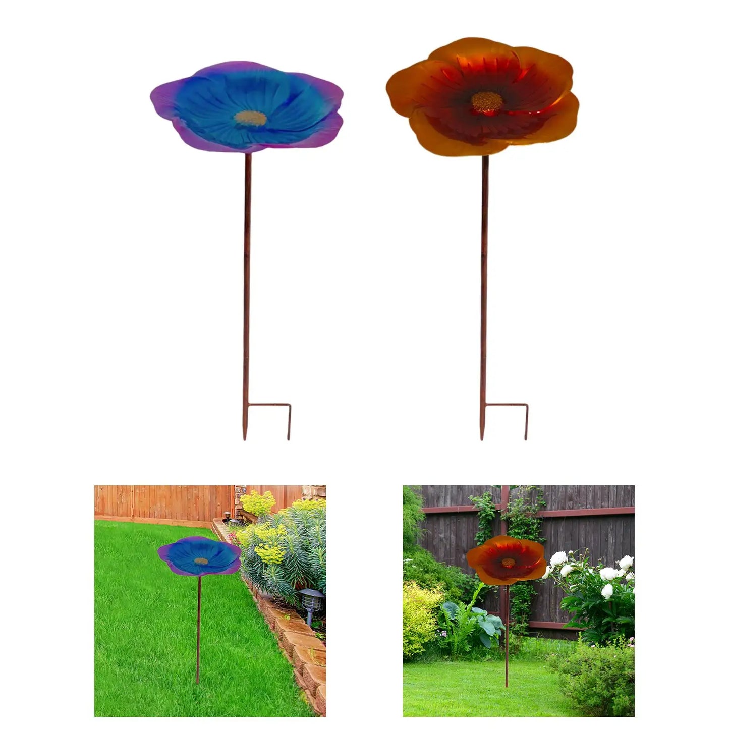 KESOTO Outdoor Garden Free-Standing Floral Pattern Purple-Blue-Gold-Brown Flower Shaped Bird Bath Bowl Black Iron Metal Stake Base Bird Baths