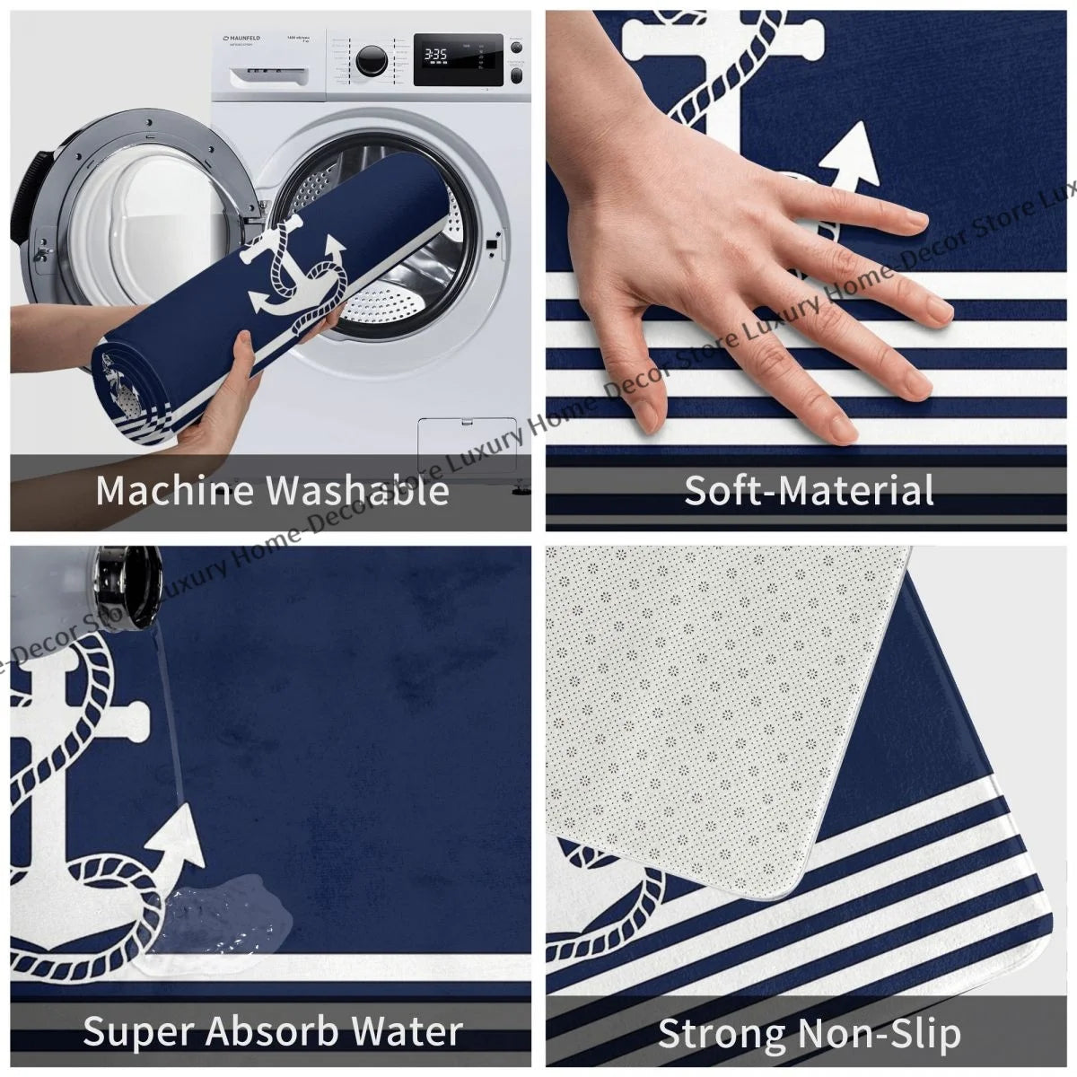 No-EN-Name-Null Indoor-Outdoor Machine-Made Waterproof Non-Slip Wrinkle-Resistant Polyester Flannel Fabric Printed Nautical Rope White Striped Blue Anchors Design Rectangle Floor Doormats/Size: 40cm x 60cm  16 x 24 inches