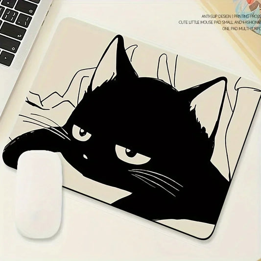 Small Rectangle Non-Toxic Cartoon Kawaii Black Cat Animal Illustration Fabric Washable Non-Slip Rubber Lock Edge Gaming Mouse Pad