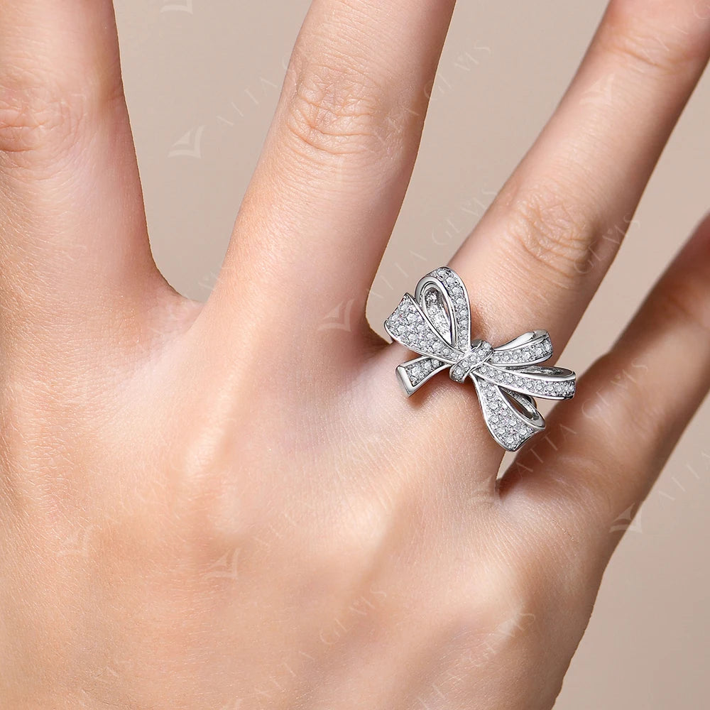 ATTAGEMS Sterling Silver 18K Gold-Plated Bow-Knot Shaped Gold-Silver Full Moissanite Shiny Clear White Imitation Diamond Stones Prong Wedding Solitaire Bands Rings/Colors-Silver/Gold/White