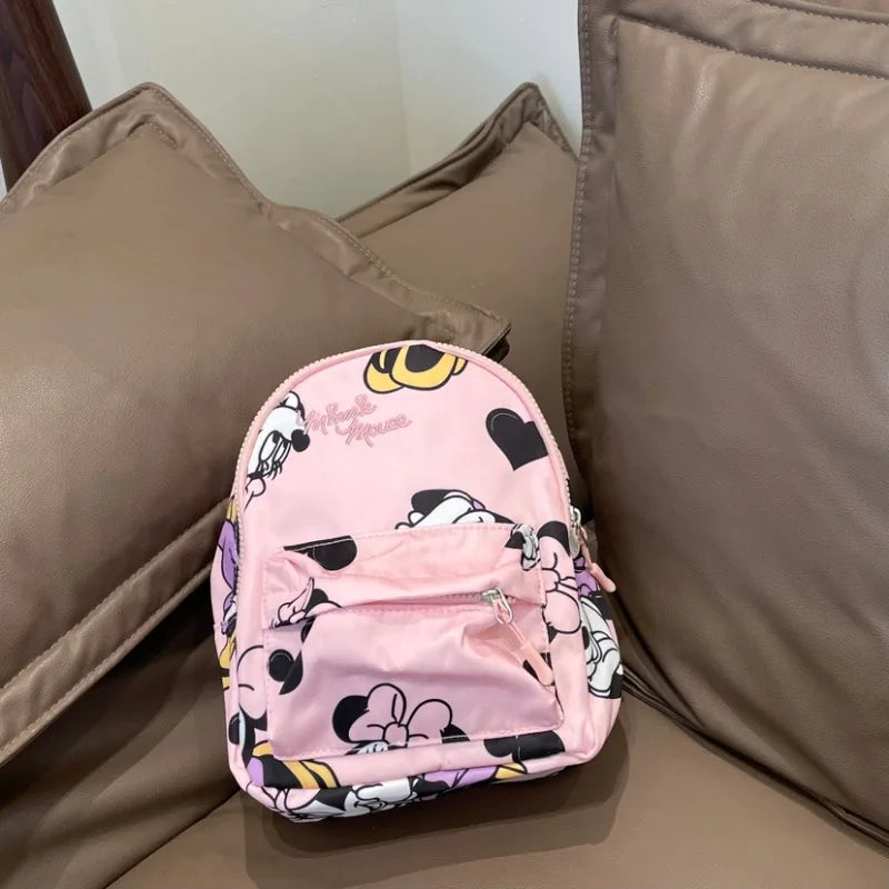 Disney Kids Waterproof Pink Nylon Fabric Printed Minnie Mouse Design Single Compartment Two Shoulder Straps-Handle School Backpacks/Pink/Multicolor