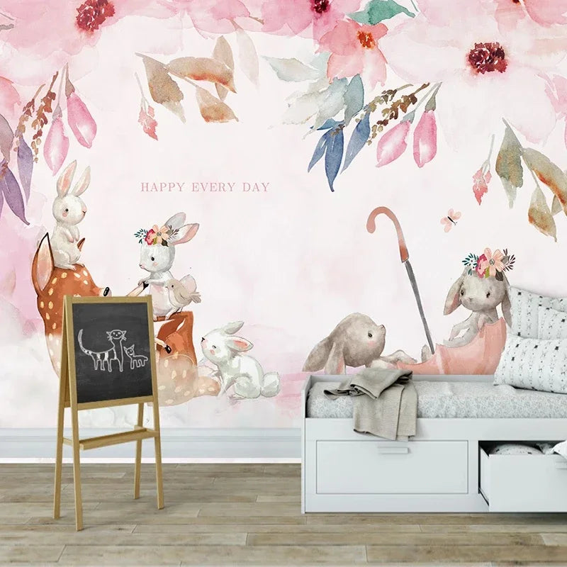JIADOU Modern Kids Waterproof Canvas Customized 3D Cartoon Baby Deer-Rabbits In A Umbrella Self-Adhesive Photo Print Peel-Stick Mural Wallpaper/Requires Paste/Peel-N-Stick/Requires Paste