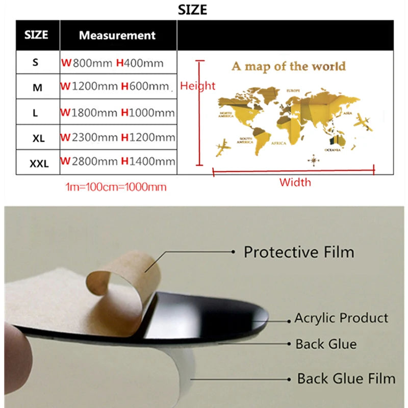 PDQ Modern Black 3D Acrylic World Map-Travel Wall Decals/Sizes; S-XXL/Colors-Gold/Black/Gold/Red
