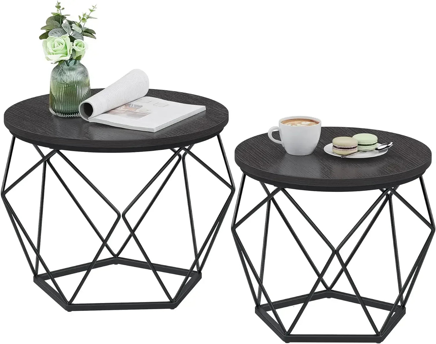 No-EN-Name-Null 2 PCS Rustic Brown Round Wood Top Steel Frame Coffee Table Sets/Colors-Rustic Brown-Black Base/Charcoal Gray-Black Base/White Marble-Black Base/Beige-Black Base/Size:( Large Size) 19.7cm W x 15.7cm H/( Small Size) 15.7cm W x 14.2cm H