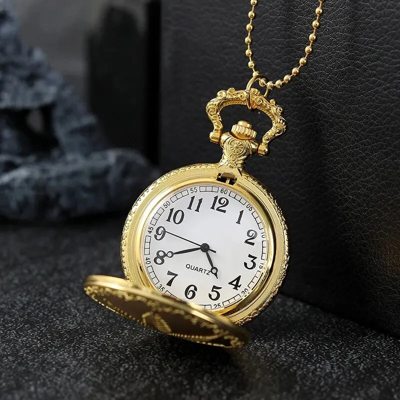 DIJANES Adults Quartz Analog Display Imitation Black Round Shaped Metal Alloy Case Abrasion-Resistant Glass Face Engraved Natural Floral Cannabis Leaf Design Pendant Chain-Pocket Watches
