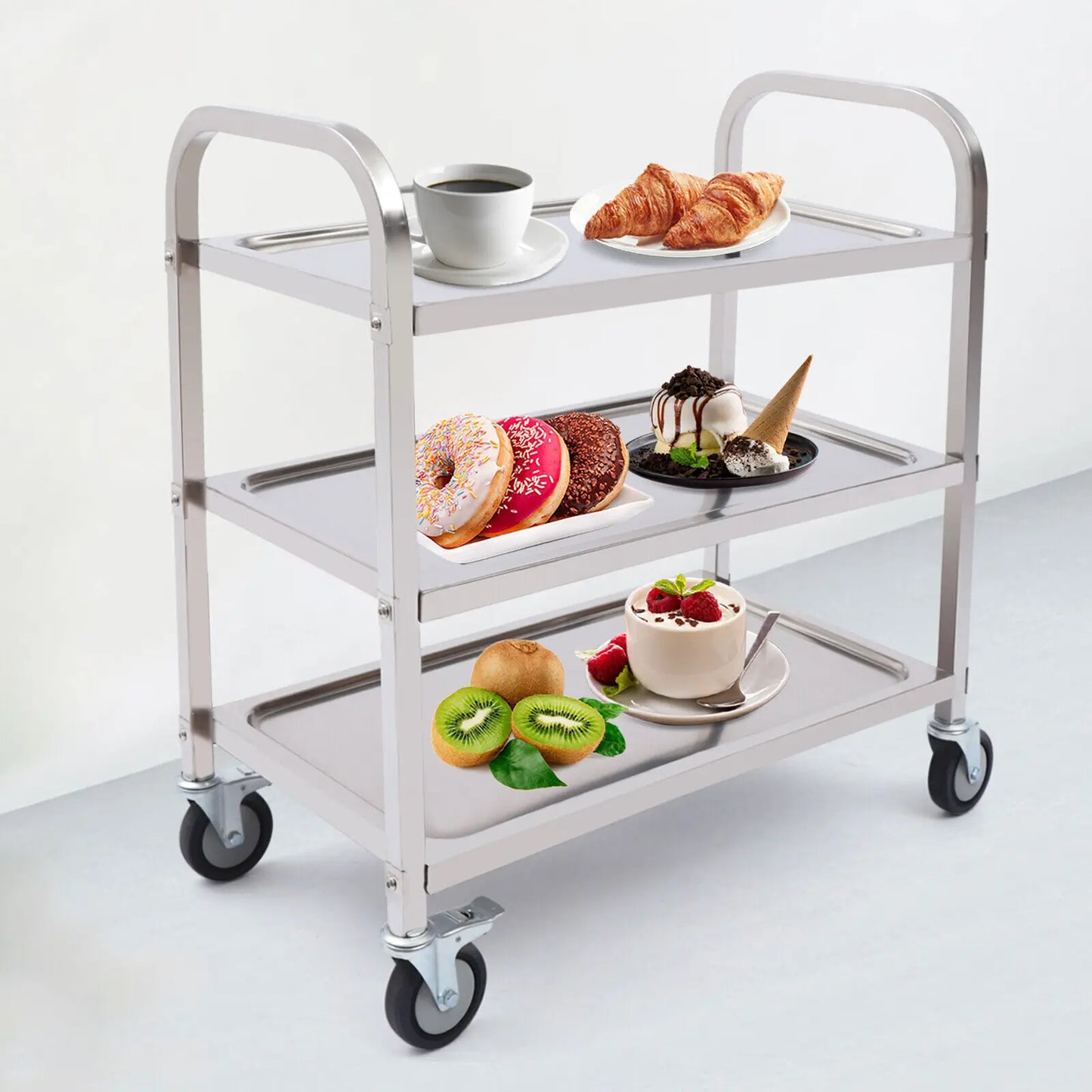 NULL 3 Tiers Stainless Steel Silver Metal Four Wheels Kitchen Carts/ 29.53x15.75 inches/ Load Capacity  20kg/44.09lbs Per Shift