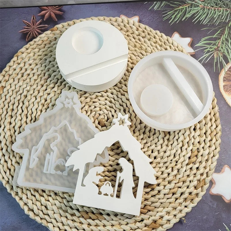 No-EN-Name-Null DIY Christmas Nativity Scene Of Mary-Joseph-Baby Jesus Birth In A Manger In A Stable Silicone Resin Milky White Craft Molds