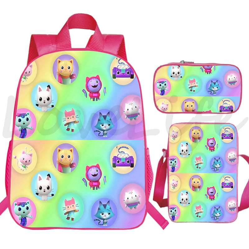 JUNBIE Kids Waterproof Pink Nylon Fabric Cute Cartoon Gabby's Dollhouse Design Zippers Curve Back Shoulder Straps-Handle Built-In Laptop Compartment External Pockets Backpacks/Colors-Pink/Multicolor