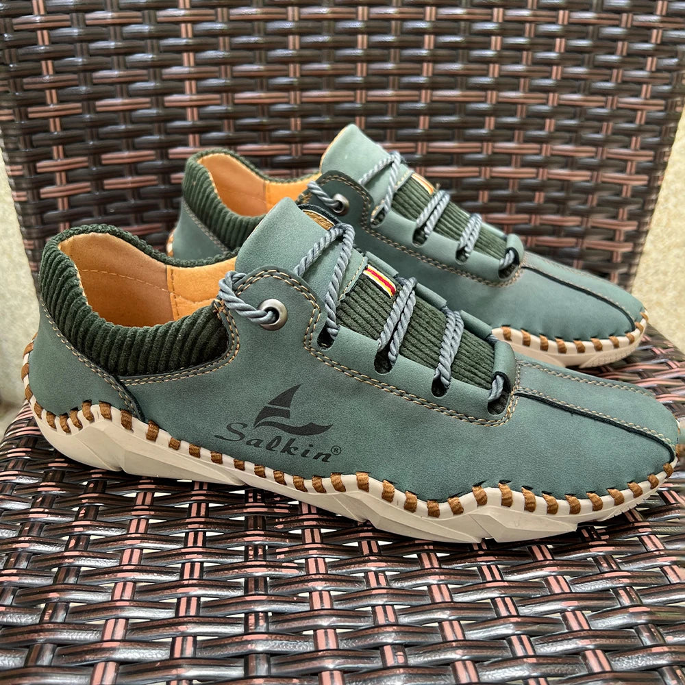ABFUBER Men Spring-Autumn Brown Handmade Round Toe Lace-Up Breathable Split Leather Moccasins Massage Rubber Outsole Cushioned Flat Loafers /Colors-Brown/Green/Black