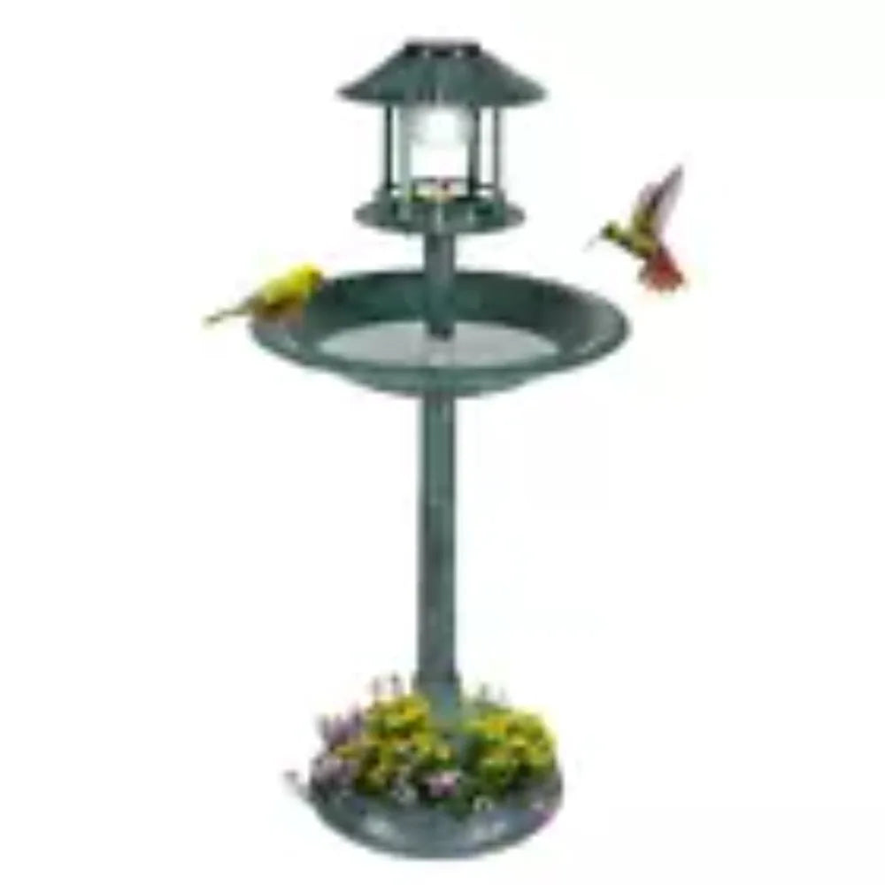 NULL Outdoor Garden Free-Standing Solar-Powered Lights On Top Bronze-Dark Green Round Plastic Weather-Frost Resistant Strong Sturdy Base Resin Bird Baths