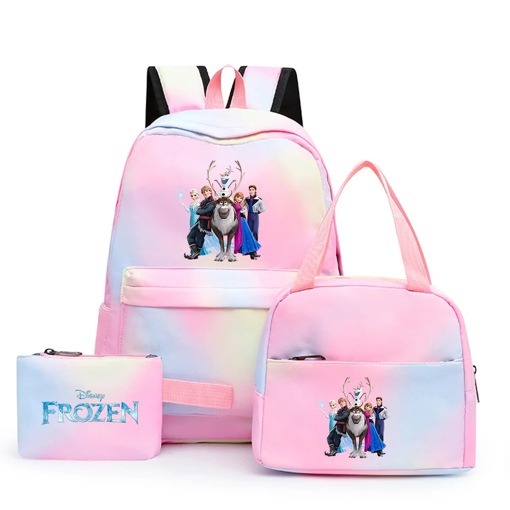 Disney Kids Cute Cartoon Frozen Movie-Elsa-Anna Multicolor Large Waterproof Nylon Fabric Zipper Pockets Shoulder Straps-Handle Single Compartment School Backpacks Sets/ Lunch Bag/Pencil Bag/Colors-Pink/Blue/Multicolor