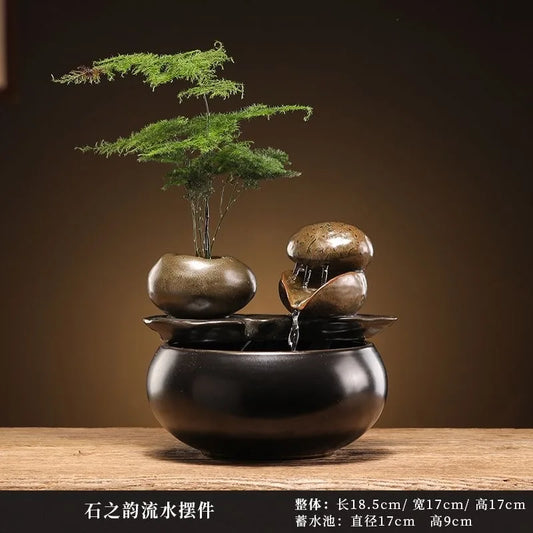 Desktop Glazed Ceramic Clay-Enamel Plant Rocky Landscape PET Flowing Drinking Water Bowl Fountain/Colors-Brown/Black