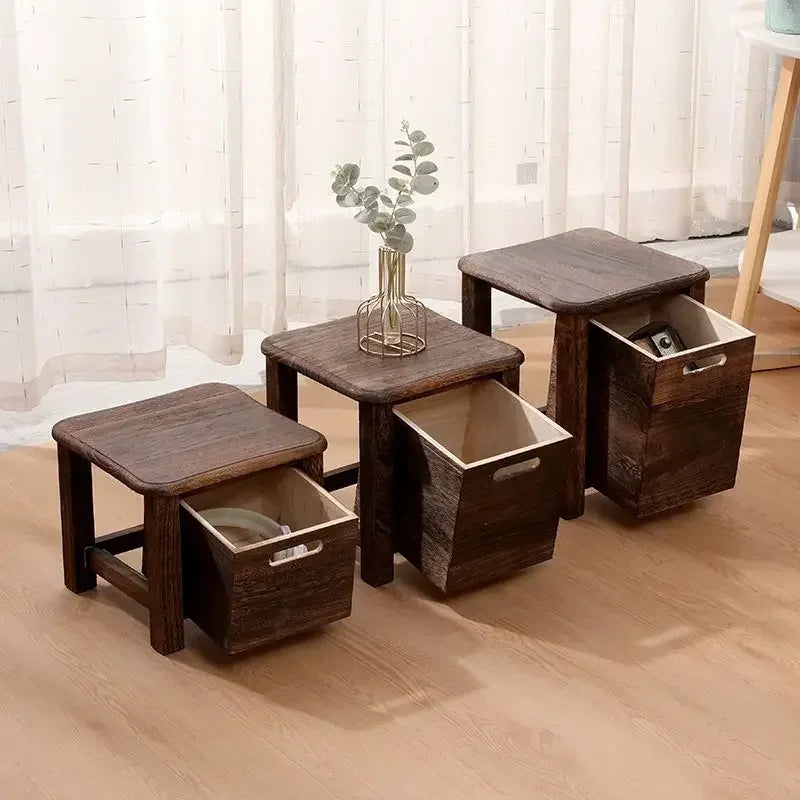 No-EN-Name-Null Modern Beige-Brown Solid Wood Square Shaped Smooth Hard Flat Top Rounded Corners One-Drawer Storage Chest Stools