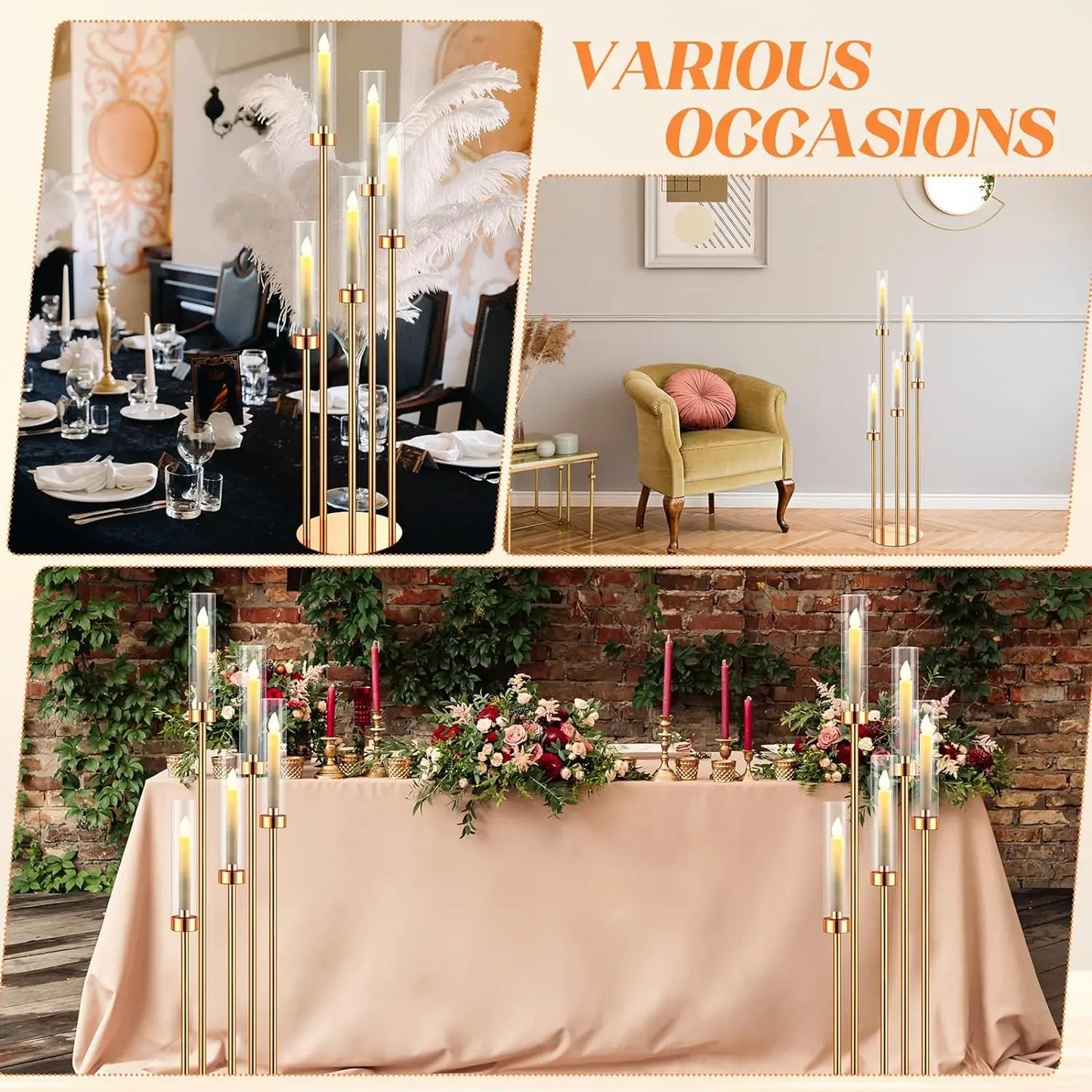 MS-MADE Elegance 4 PCS Tall Five Crowned Arms Gleaming Gold Metal-Acrylic Glass Shades Round Cylindrical Shaped Candelabra Wedding Floor Candle Holders