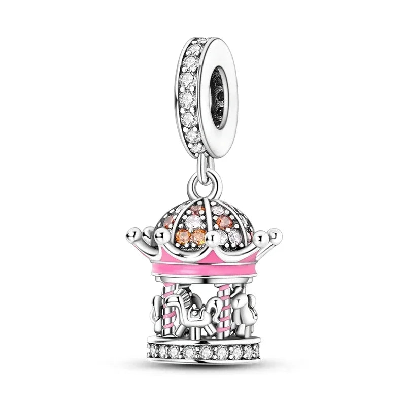 No-EN-Name-Null Women Sterling Silver Enamel Rainbow-Hot Air Balloon Design Fine Imitation Zircon Stone Glass Nuggets Beads Shaped Charms-Pendants/ Colors-Rainbow/Multicolor/Silver/Pink/Animal/Floral