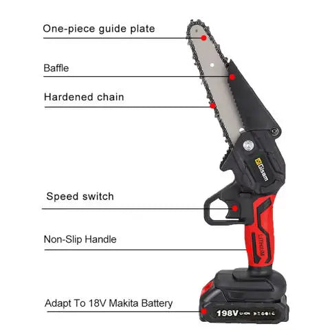 No-EN-Name-Null Outdoor ABS Plastic Red-Black Body Non-Slip Soft Rubber Handle Rechargeable Battery-Powered Wood-Cutting Cordless Electric Mini Handheld Metal Chainsaws/Colors-Red/Blue/Black/Gray/Multicolor