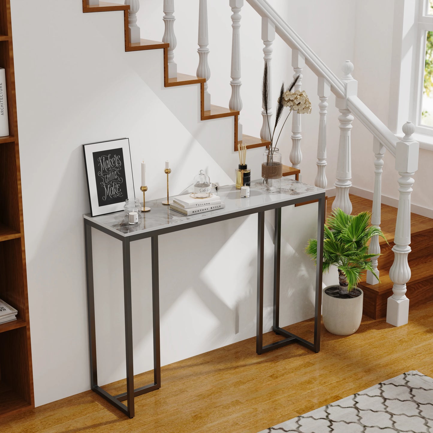 No-EN-Name-Null Modern White Rectangle Marble Top Metal Iron Frame Console Entryway Tables/Colors-White/Cold Emerald