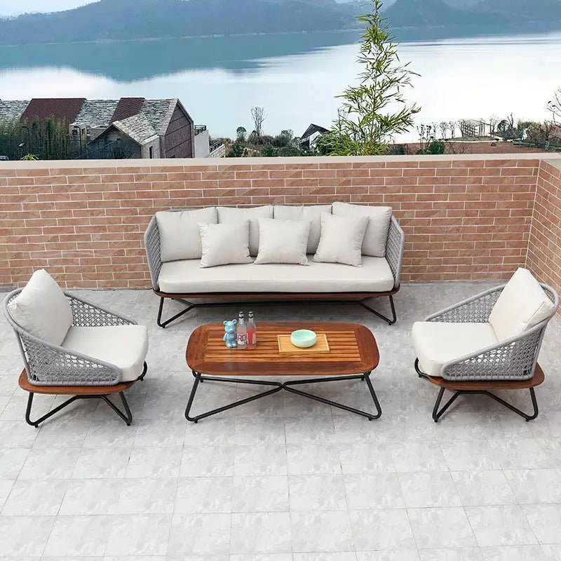 No-EN-Name-Null Outdoor Waterproof Beige Cushions Brown Solid Pineapple Wood Sitting Board Light Gray Plastic Mesh Backrest Black Aluminum Metal Base Patio Sofa Sets/ 2 Solid Wood Sitting Board Chairs/  1 Solid Wood Sitting Board Coffee Table