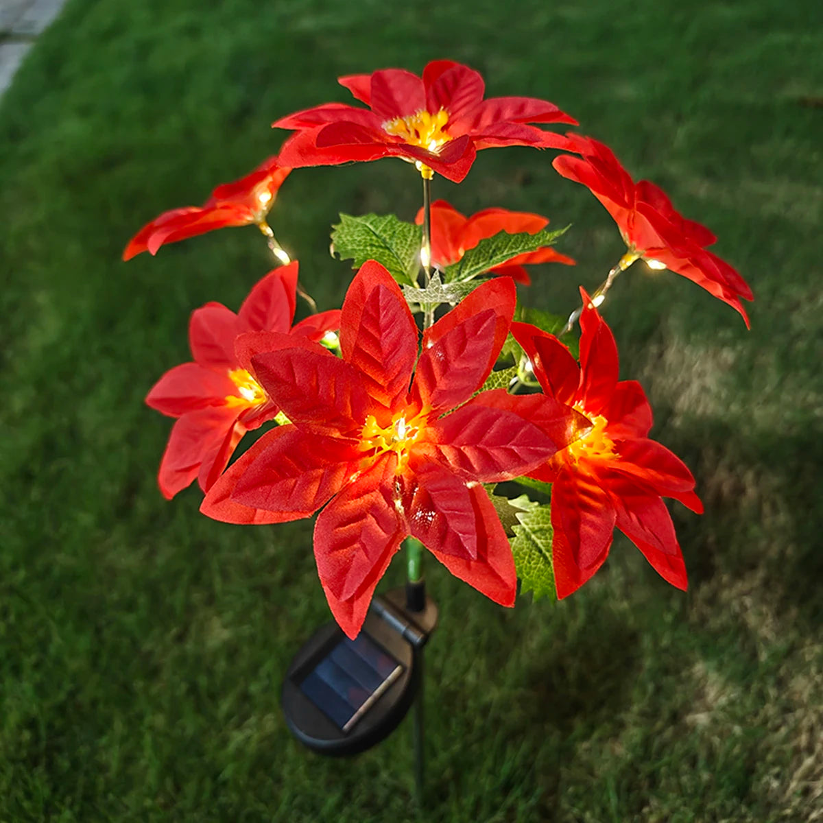 No-EN-Name-Null Outdoor Solar-Powered Warm White LED Red Christmas Poinsettia Flower Bouquet Holiday Stick Lights
