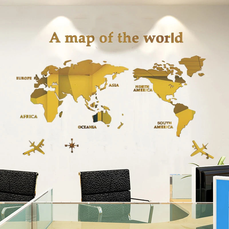 PDQ Modern Black 3D Acrylic World Map-Travel Wall Decals/Sizes; S-XXL/Colors-Gold/Black/Gold/Red