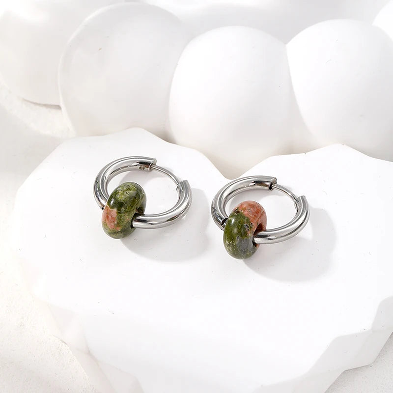 DAYOFF Adult Women Fine Imitation Silver Stainless Steel Metal Natural Green Stones Earrings/Colors-Green/Blue/Multicolor/Silver