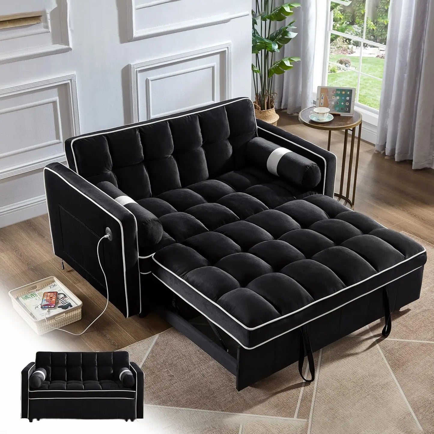 No-EN-Name-Null 3-In-1 Medium Soft Adjustable Backrest Pull Out Black Tuft-White Trim Soft Velvet Fabric Metal Frame Convertible Seat-Recliner-Sleeper Bed Sofas/2 USB Ports /2 Pillars /2 Pockets/Colors-Black Tuft/Gray Tuft/Light Gray Tuft/
