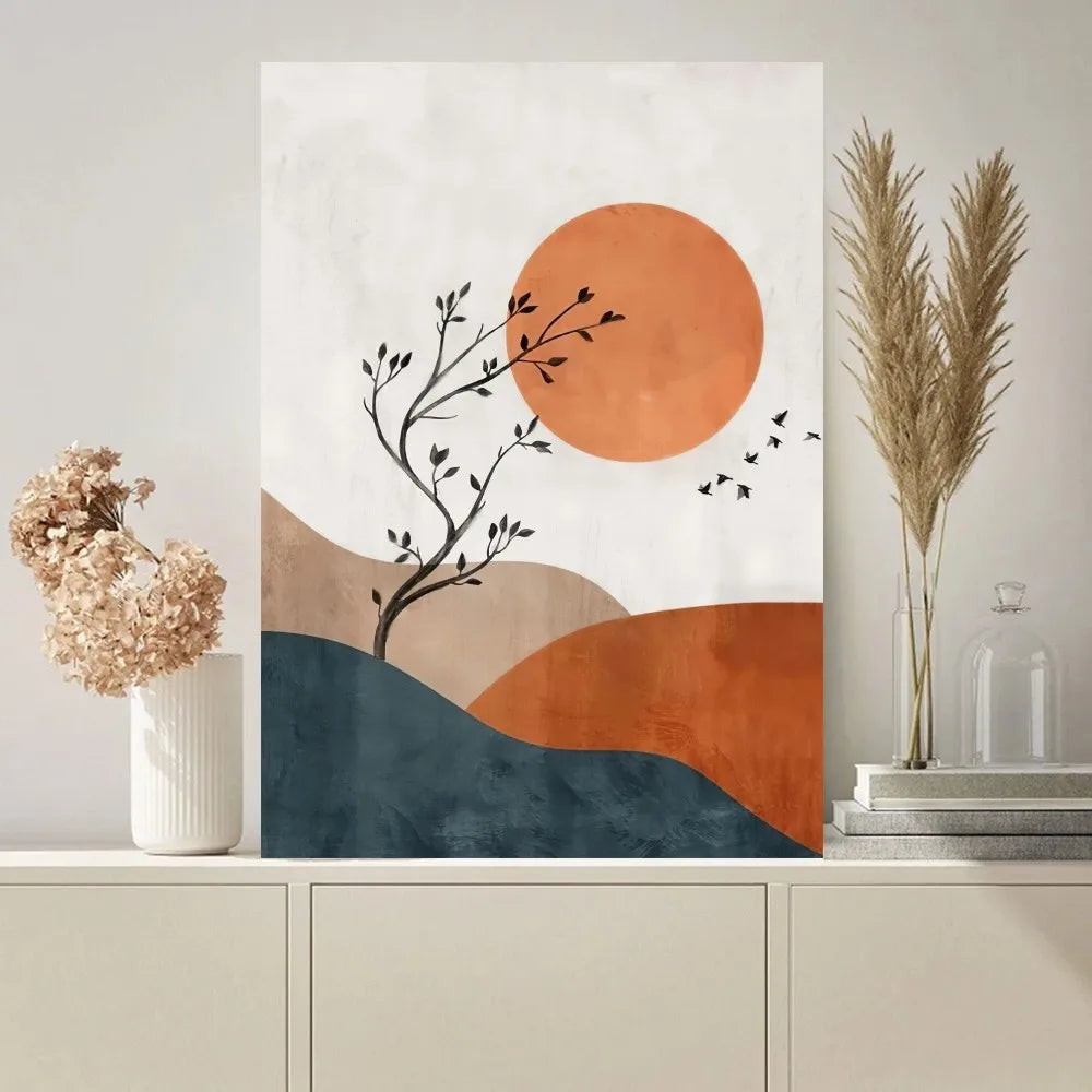 No-EN-Name-Null Modern Art Unframed Abstract Beige Background Winter Black Trees-Orange Suns-Black Birds Minimalist Rectangle Shaped Prints/Colors-Black/Beige/Yellow/Green/Blue/White/Orange/Multicolor/Geometric/Floral