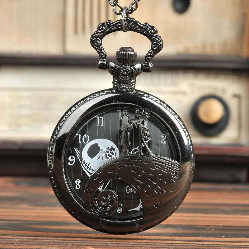 DEYROS Adults Quartz Black Face Bronze Metal Alloy Round Abrasion-Resistant Glass Face Skeleton Dial Movie-Nightmare Before Christmas Theme Silicone Strap Black Pendant Chain-Pocket Watches/Colors-Bronze/Black