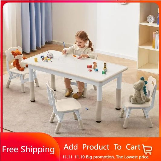 4 pcs White HDP Rectangle Toddler Height Adjustable Table/ 4 Chairs Set/Colors-Beige/White