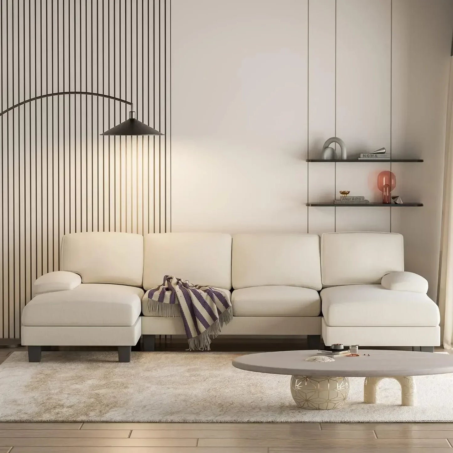 No-EN-Name-Null Modern Soft White U-Shaped Breathable Futon Fabric Solid Wood Panel Frame Double Chaise Medium Firmness Soft Comfortable Sectional Sofas/Washable Covers/4 Metal Legs