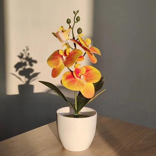 Indoor Desktop Floral Flowering Artificial Bonsai Butterfly Orchid Potted Plants /Colors-White/Yellow/Purple