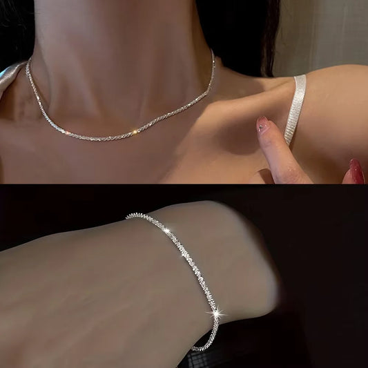 2 PCS Set Imitation Shiny Star Shape Sparkling Copper-Silver Metal Plated Clavicle Chain Necklace-Earrings Set