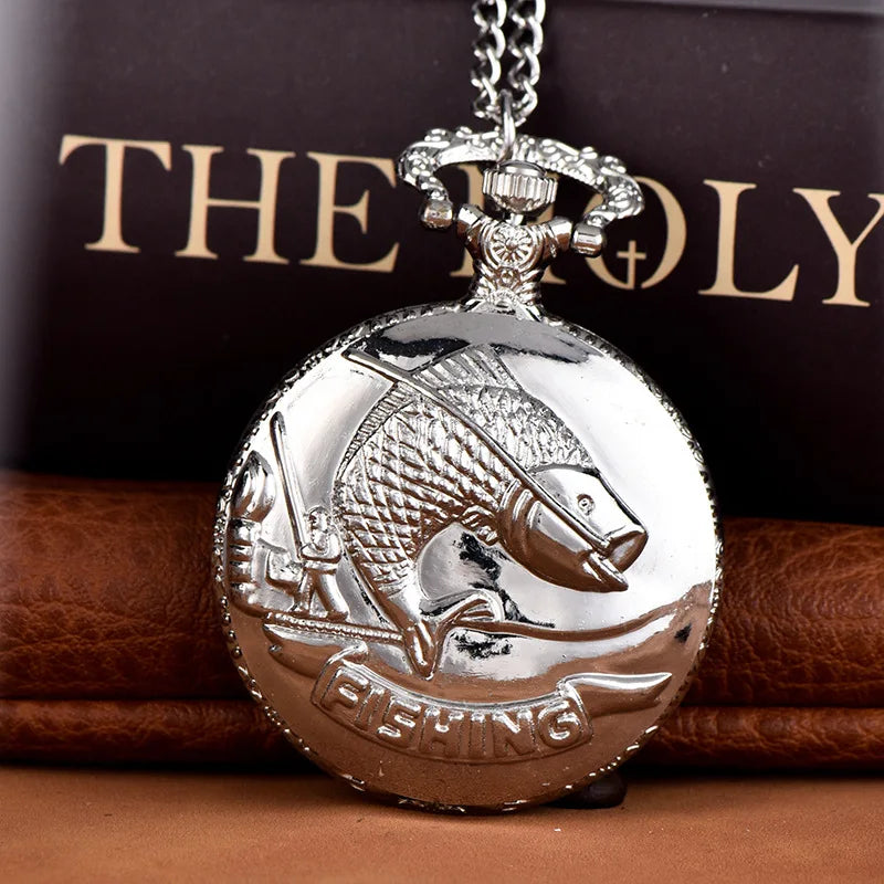No-EN-Name-Null Adults Antique Quartz Analog-Digital Display Silver-Gold Fisherman Rod-N-Reel Catching A Gold Fish Embossed Text Fishing On Bottom Chain-Pocket Watches/Colors-Yellow/Brown/Orange/Gold/Black/White/Grey/Silver