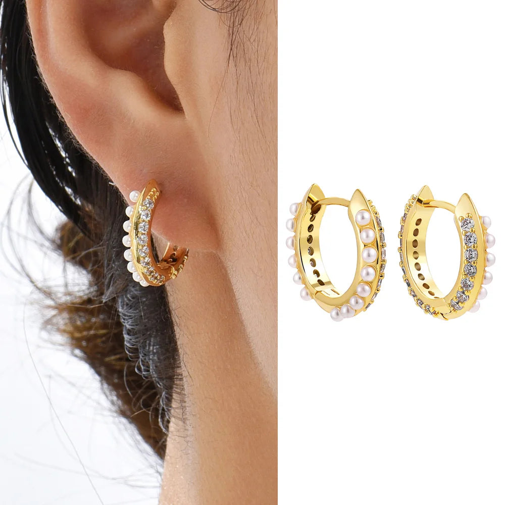 EARPELS Adult Women Fine Imitation Copper Gold Plated Plastic Resin Small Round Circle Inlay Clear Cubic Zirconia-White Pearls Hoop Huggies Earrings/Colors-Clear/Gold/Geometric