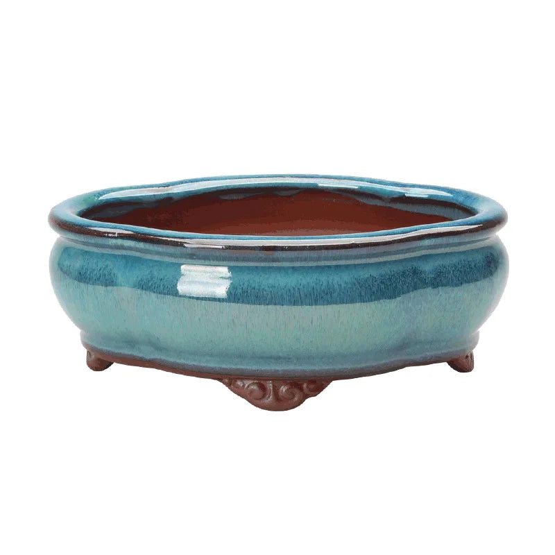 No-EN-Name-Null Home Lightweight Green Glazed Round Shaped Ceramic Chinese Desktop Bonsai Flower Pots/Sizes: 15 x 5.2 x 11.3 cm/Colors-Multicolor/Blue/Purple/Green/Brown/1 Large Drip Hole-4 Small Drip Holes