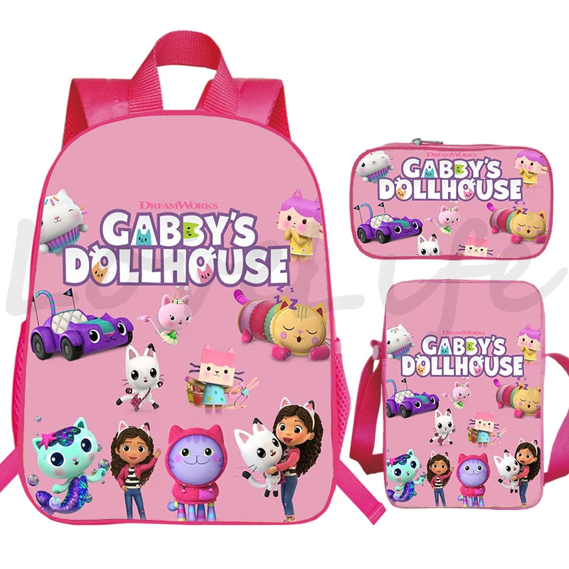 JUNBIE Kids Waterproof Pink Nylon Fabric Cute Cartoon Gabby's Dollhouse Design Zippers Curve Back Shoulder Straps-Handle Built-In Laptop Compartment External Pockets Backpacks/Colors-Pink/Multicolor