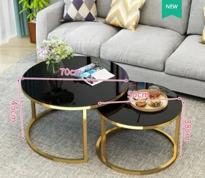 TIEHO Modern 2-In-1 Combination Cafe Black Round Shaped Tempered Glass Tabletop White Iron Metal Frame Base Nesting Coffee Table Sets