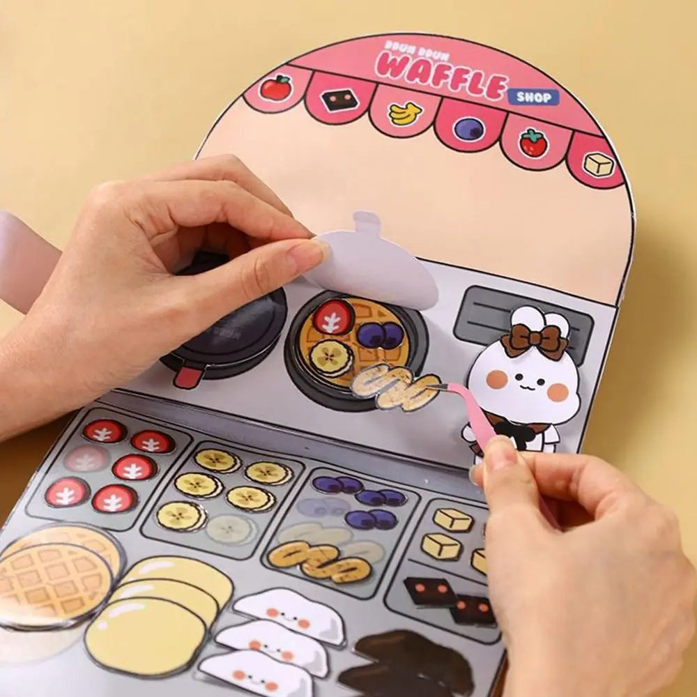 No-EN-Name-Null 6 Styles Handmade Multicolor Cartoon Quiet Waffle Shop-Bakery Shop-Snack Bar-Fried Chicken Shop-Noodle Shop-Bubble Gum Shop Cardboard Paper Books Educational Toys /Colors-Pink/Beige/Multicolor/Ages: 3-12 Years Old