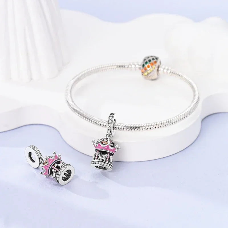 No-EN-Name-Null Women Sterling Silver Enamel Rainbow-Hot Air Balloon Design Fine Imitation Zircon Stone Glass Nuggets Beads Shaped Charms-Pendants/ Colors-Rainbow/Multicolor/Silver/Pink/Animal/Floral