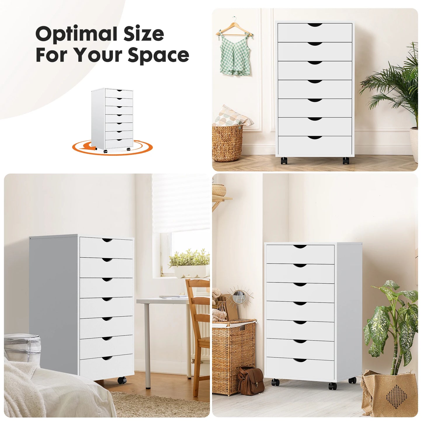 JHK Modern Tall Large White-Black Wood Metal Sliding Seven Drawers Two Brakes Four Black Plastic Locking Wheels Dressers/Sizes: L 15.75 x W 18.74 x H 34.25 Inch/Metal Gliding Fixtures On 7 Drawers