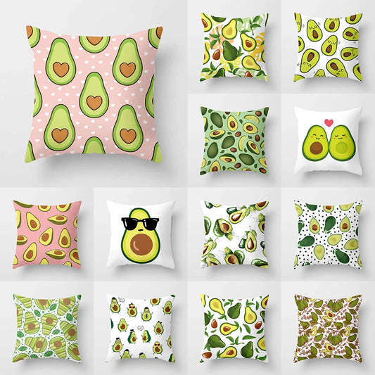 100% Polyester Avocado Printed Pattern Cushion Pillowcases/Colors-Green/Floral/White