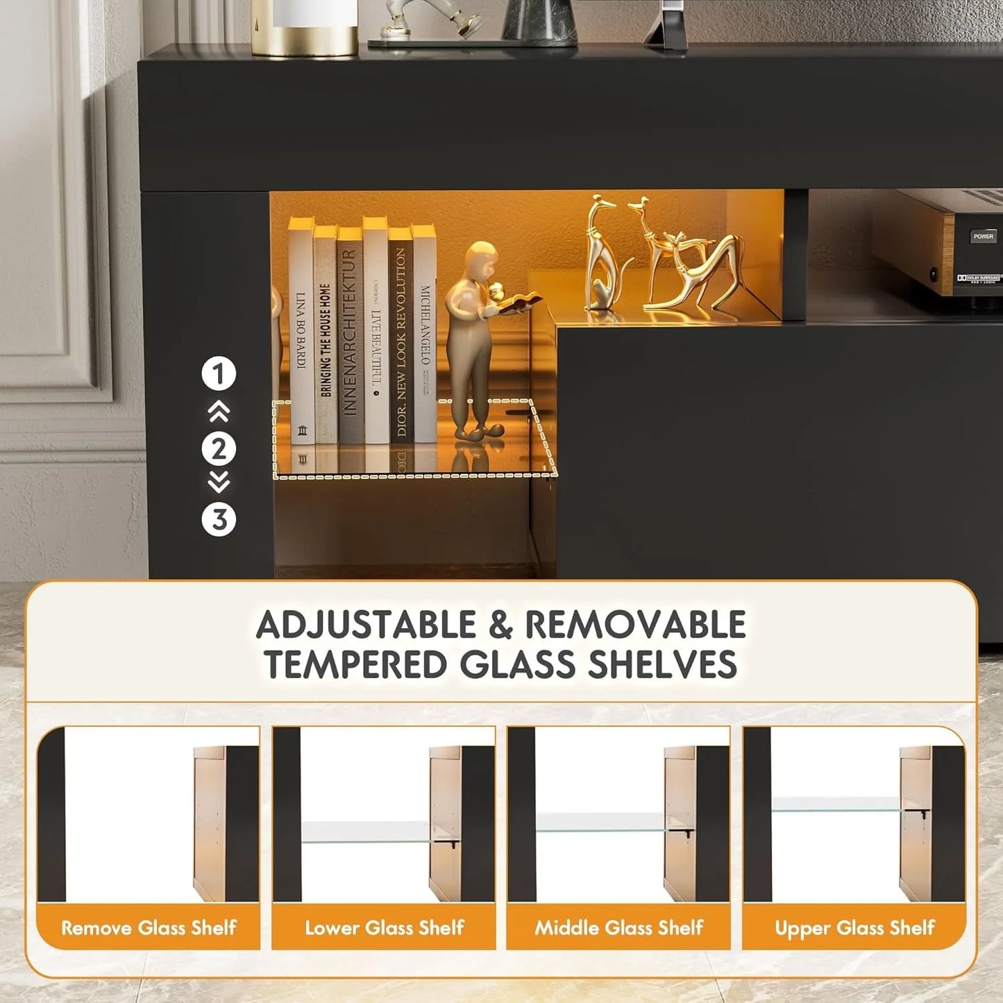 XMSJ Modern Black-White Two Glass Shelves Atmosphere 20 LED Lights TV Stands/2 Drawers/Dimension: 61" W x 13" D x 17.7" H