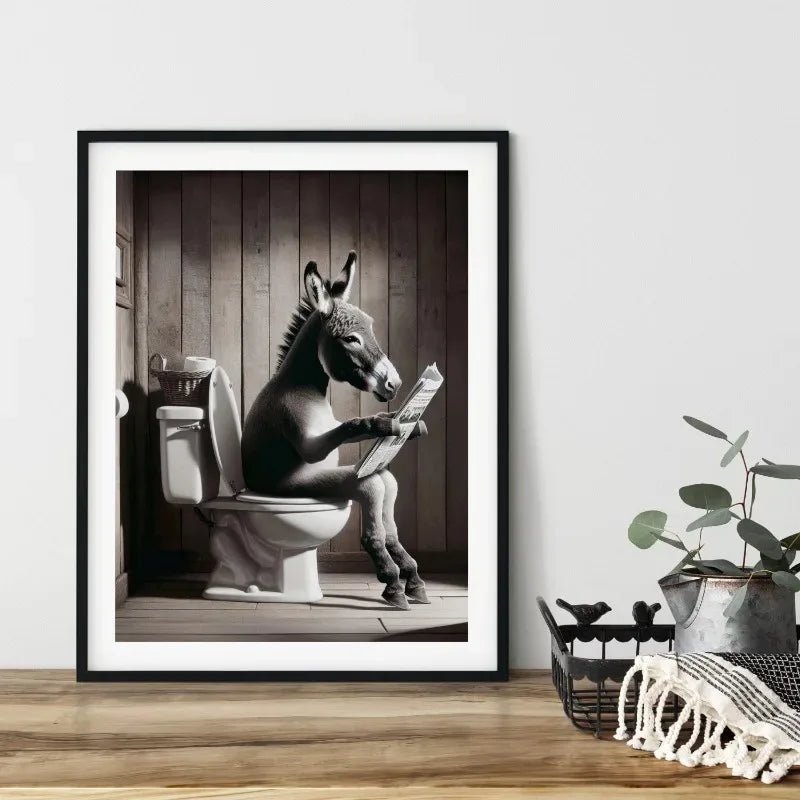 No-EN-Name-Null Modern Waterproof Handprinted Unframed Canvas Rectangle Shaped Abstract Funny Humorous Animals Bathroom Human-Like Sitting On The Toilet Wall Art Prints /Colors-White/Multicolor/Animals/Gray